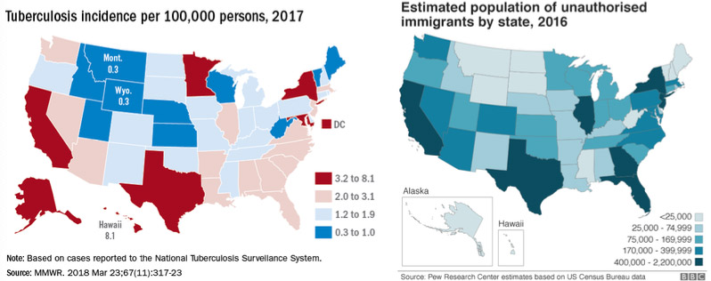 Maps: Tuberculosis incidence vs Unauthorized immigrants