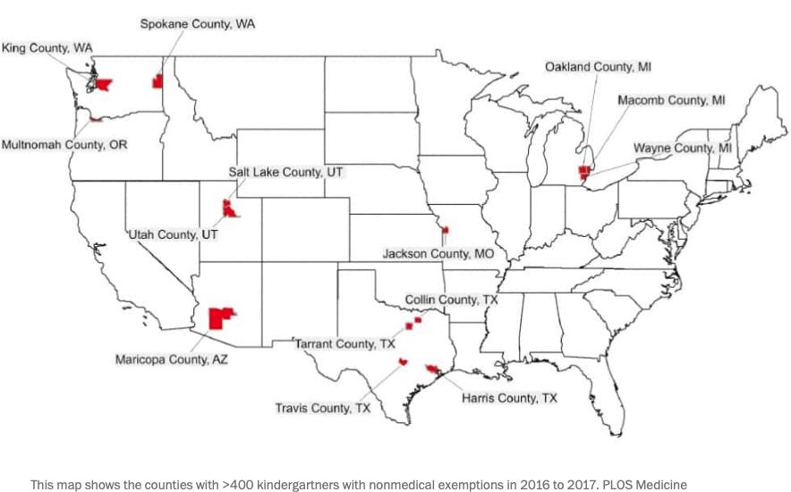 Map: counties with more than 400 kindergardens with non-medical exemptions